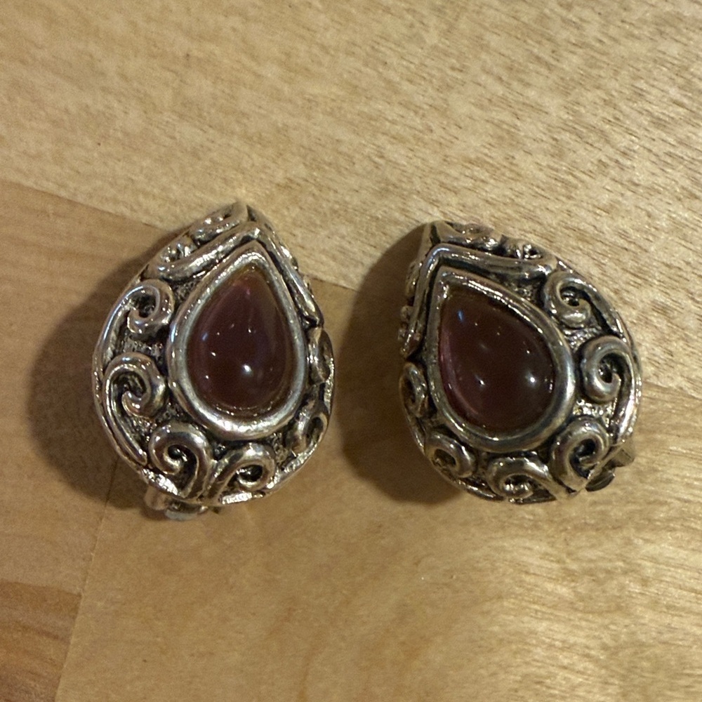 Vintage Silver and Brownish Purple  Teardrop Clip On Earrings